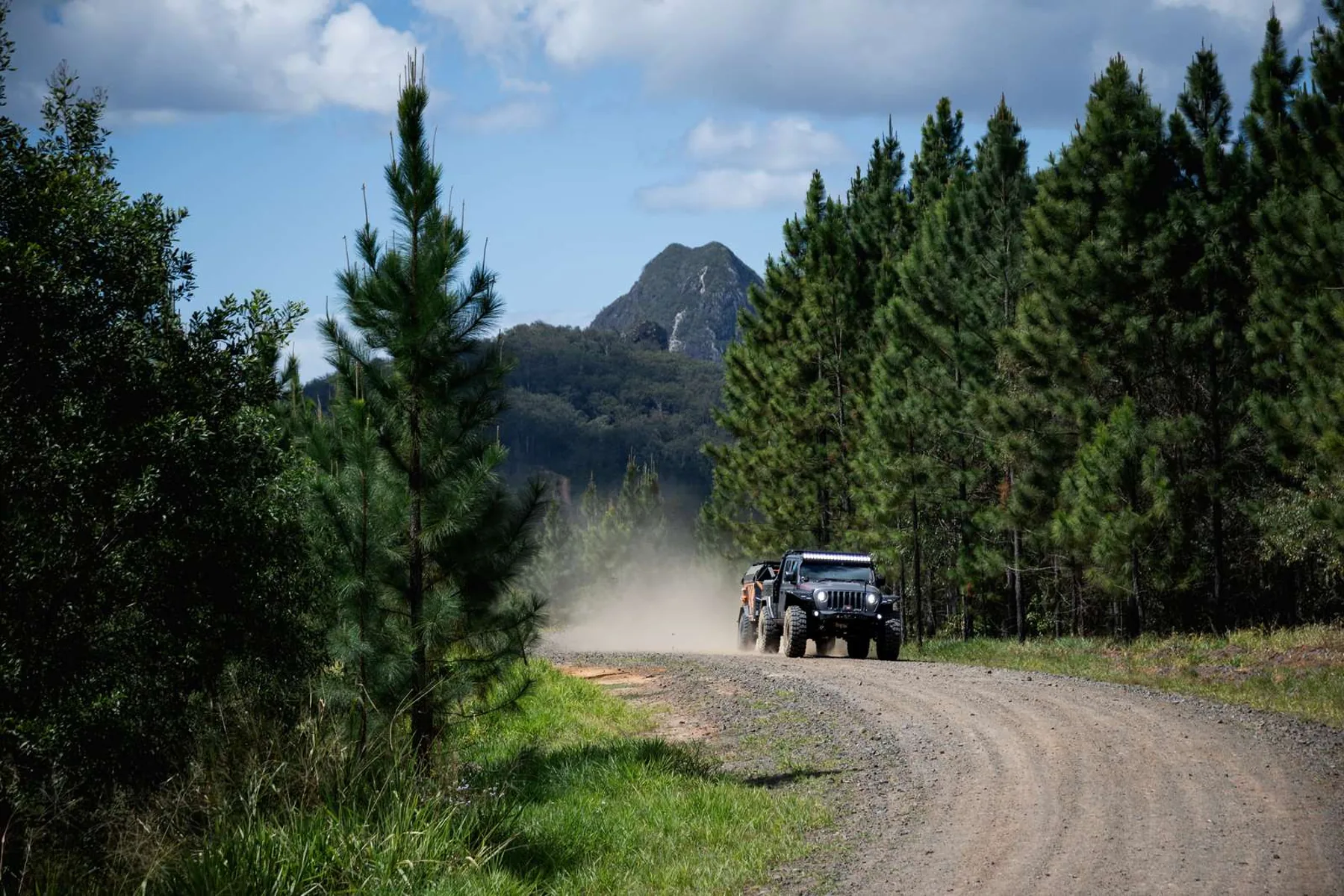 Tow vehicle and camper on a forest road